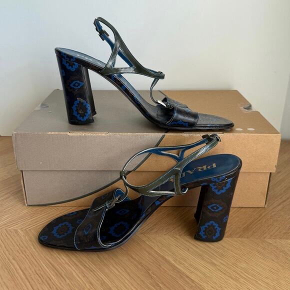 RARE Vintage Prada Blue Floral Chunky Women Heels - SZ 39 1/2 / US 9.5 - Picture 12 of 14